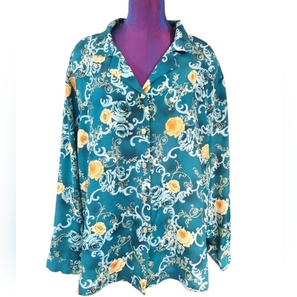 Vintage BonWorth Floral Button Down Teal Gold Blouse‎ Size 2X Women's Plus G81 - Picture 8 of 8